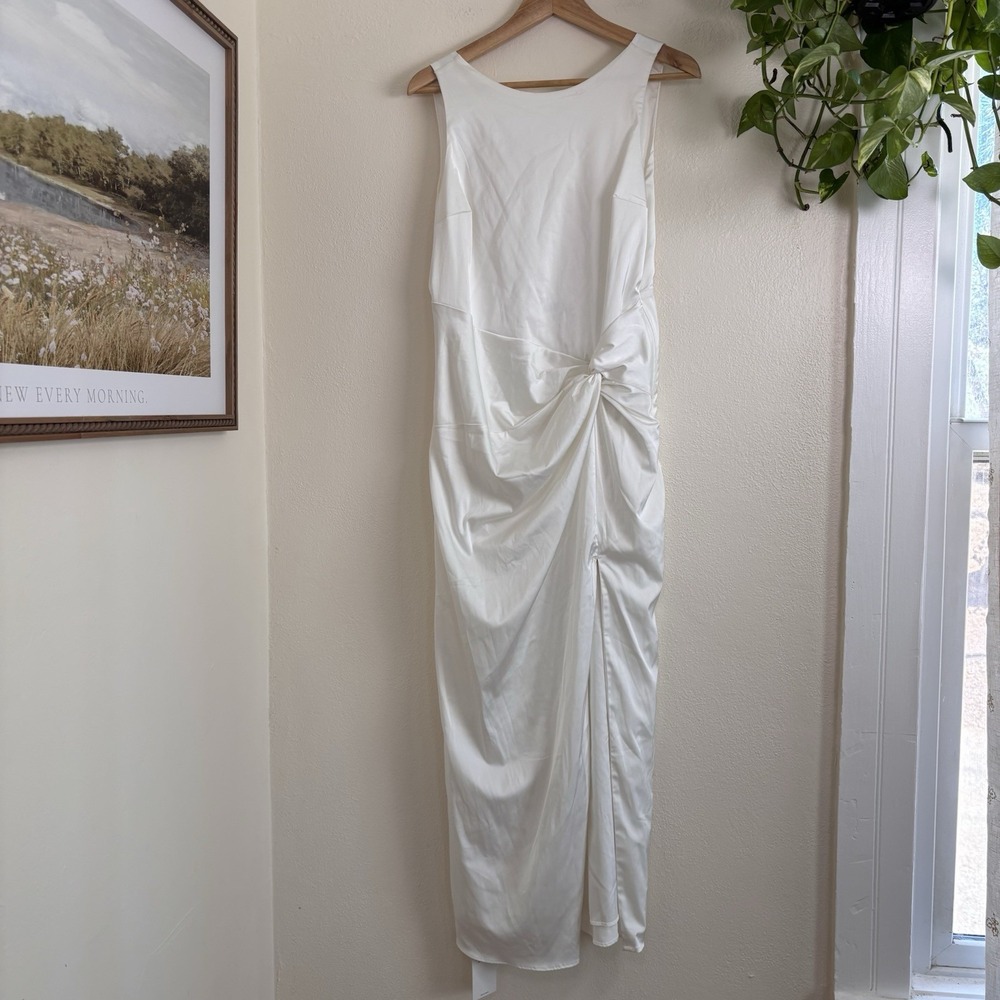 Abercrombie & Fitch Satin Ruched Tie Back Gown White Sleeveless Long Dress LP